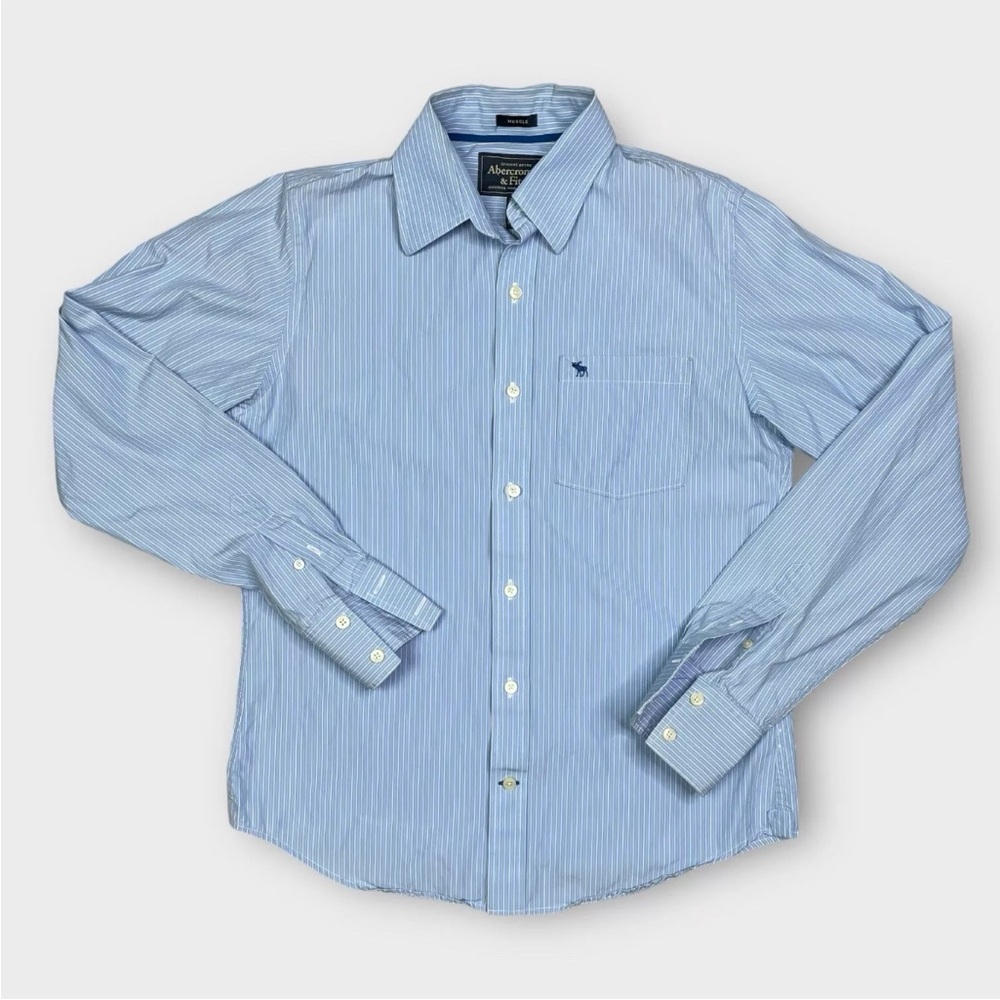 Abercrombie & Fitch Mens Medium Blue Striped Muscle Fit Button Down Up Shirt